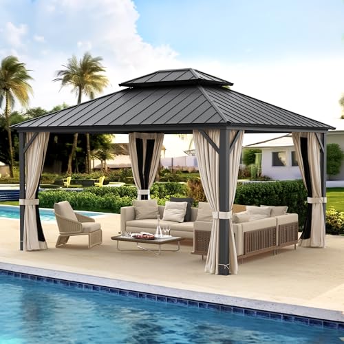 LUE BONA 12x14 Hardtop Gazebo, Galvanized Steel Double Roof Permanent Gazebo Pavilion with Aluminum Frame, Outdoor Metal Gazebo Canopy with Nettings and Curtains for Deck, Patio, Backyard LUE BONA