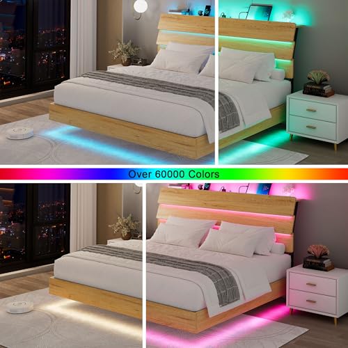 Feonase Floating Bed Frame King with Led Lights and Charging Station, Wood Full Size Bed Frame with Storage Headboard, Heavy Duty Metal Slats, No Box Spring Needed, Easy Assembly,Oak Feonase