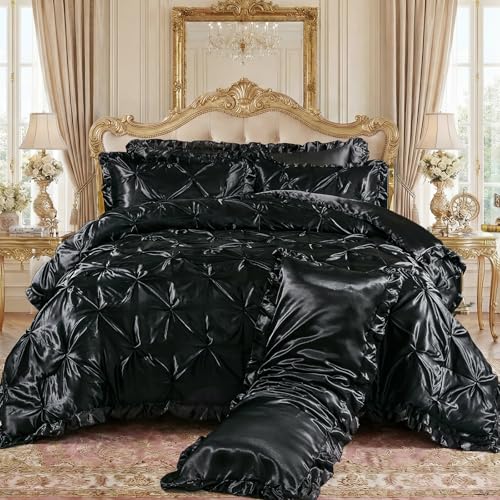 Bedbay Black Satin Comforter Queen Pinch Pleat Bedding Silk Like Satin Ruffled Duvet Set 4 Pcs with Black Ruffle Silky Body Pillow Cover Aesthetic Room Decor Luxury Satin Bedding Set for All Season Bedbay