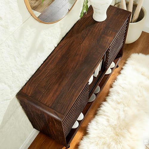 T4TREAM 46" Entryway Table, Mid Century Modern Console Table with Slatted Sliding Door, Adjustable Storage Shelf, Wood Sofa Table Behind Couch for Hallway, Living Room, Foyer, Dark Walnut T4TREAM