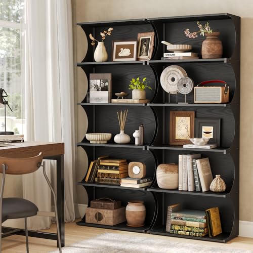 LITTLE TREE 5-Tier Bookcase, 70.8" Tall Open Bookshelf with Unique Curved-Edge Design, Modern Display & Storage Rack, Floor Standing Shelves for Home Office, Living Room, Bedroom, Studies, Black LITTLE TREE