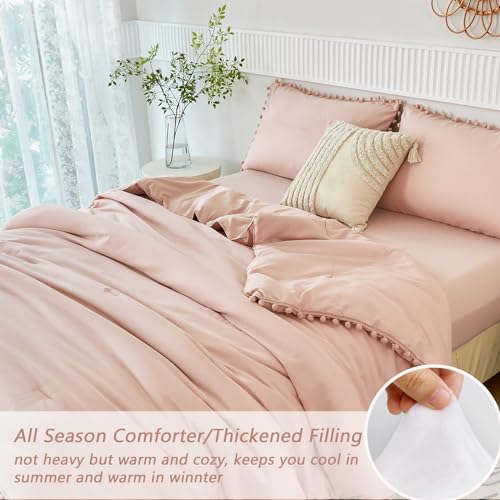PERFEMET Blush Twin Bed in A Bag for Girls 5 Pcs Boho Pom Pom Bed Comforter Set with Sheets Soft Lightweight Pink Plain Bedding for Kids Teens(Blush, Twin) PERFEMET