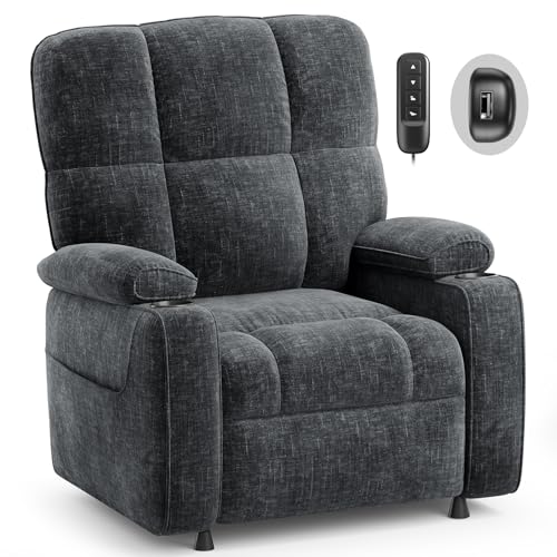 AMADA HOMEFURNISHING Power Recliner Chair for Adults, Infinite Adjustable Chenille Electric Recliner with Cup Holder, Remote, USB Port, Side Pockets & Thick Seat Cushion, for Living Room & Bedroom