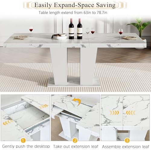 7-Piece Extendable Dining Table Set for 6-8 People 63-78 Inch Kitchen Table Set with 6 Beige Upholstered Chairs Modern White Faux Marble Rectangular Dining Room Table Set for Kitchen Apartment Goujxcy
