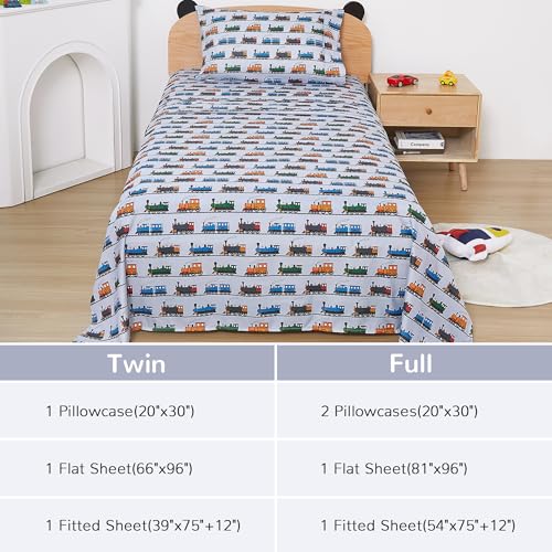 Viviland 3 Pieces Boys Grey Twin Sheet Set - Soft Microfiber Fitted Flat Sheets & Pillowcase - Retro Train Print Bedding Sets - for Kids & Toddlers Viviland