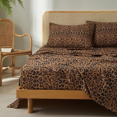 LifeTB Leopard Cheetah Printed King Sheets Set, Cooling Soft Microfiber Brown Leopard Bedding Sheets with 16" Deep Pocket, 4 Piece Vintage Animal Cheetah Pattern King Size Bed Sheets & Pillowcases LifeTB