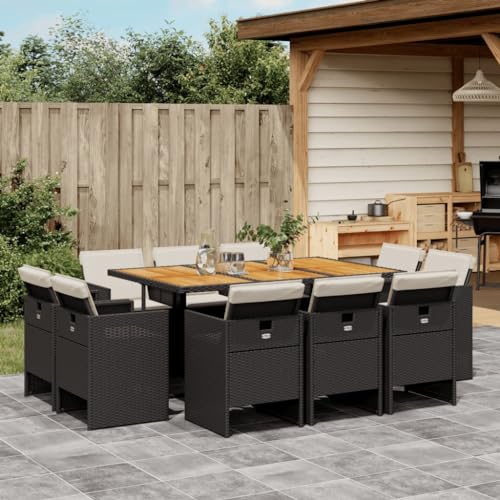 vidaXL Patio Dining Set - 11 Piece Outdoor Garden Furniture - Black Poly Rattan w/Cushions & Acacia Wood Table - Foldable Storage vidaXL