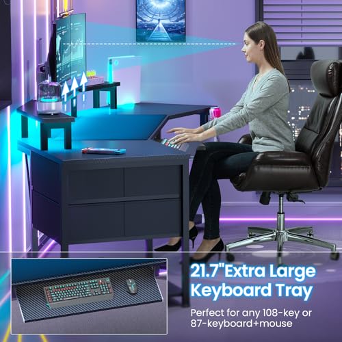 Itaar 79" Gaming Desk with 2 Fabric Drawers, Long Computer Desk with Power Strip & LED Lights, U Shaped Desks with Storage and Cup Holder, Large Gaming Table for Bedroom, Carbon Fiber Black Itaar