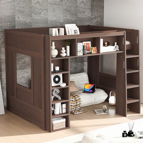 Merax Queen Size Loft Bed with Storage - Wooden High Sleeper Bed with 3 Cabinets & 5 Shelves, Heavy Duty Study Desk Space, Space Saving Bed for Kids Teens, Small Bedroom, Dorm Room, Brown Merax