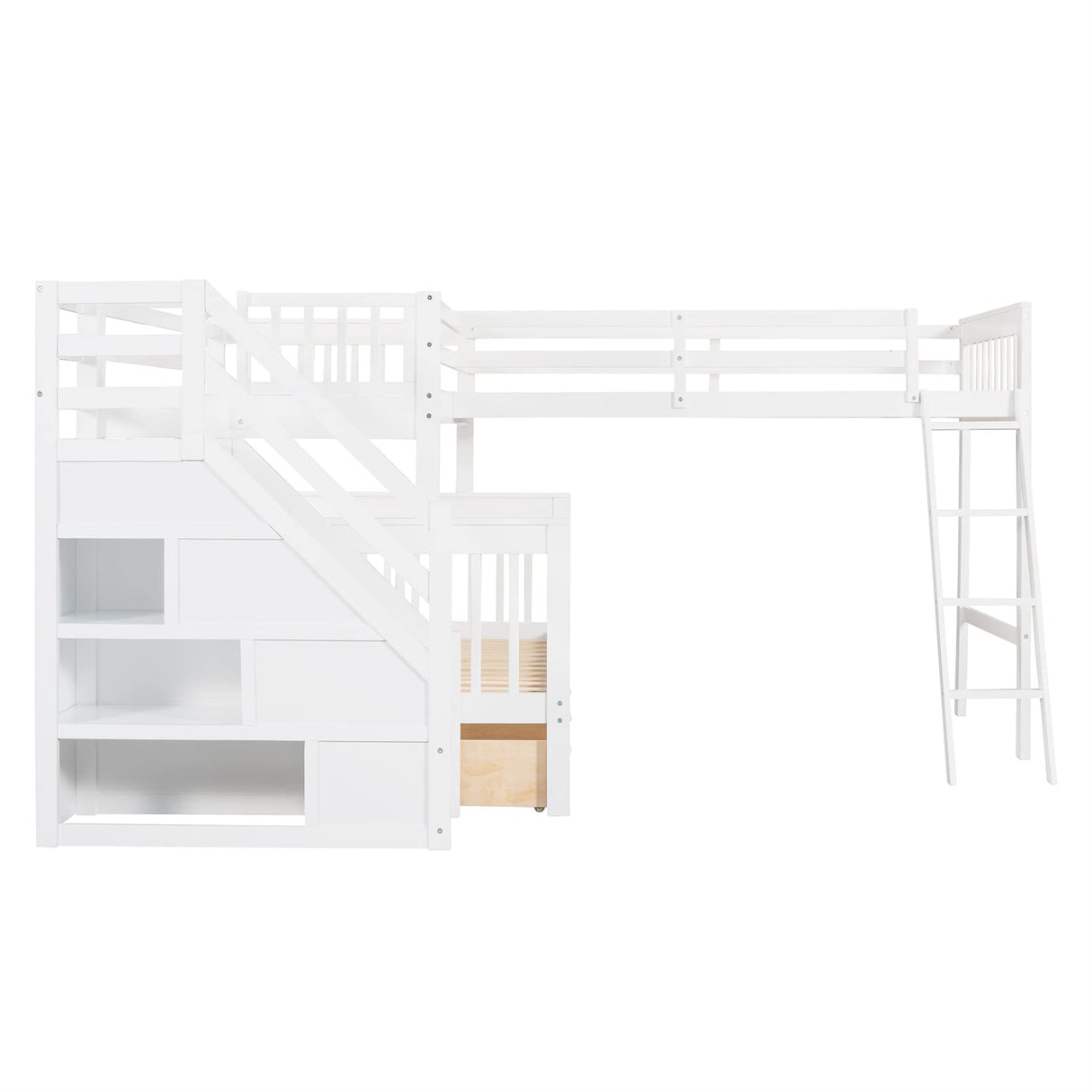 Bellemave L-Shape Triple Bunk Beds with Stairs and Storage Drawers Twin Over Full Bed Attached a Loft Wood Corner Bunked for 3 Kids Boys Girls Teens, White, White Stairs, Bellemave