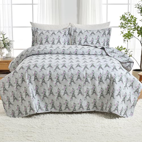 HollyHOME Eiffel Tower 2 Pieces Twin Size Quilt Sets with Pink Floral on Gray Design Bedspread Bed Cover, Includes 1 Quilt, 1 Pillow Sham (Twin, 68"x88") HollyHOME