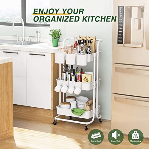 LEHOM 3-Tier Rolling Utility Cart with Hanging Cups & Hooks & Handle, Plastic Art Cart Organizer Storage with Wheels, Easy Assembly for Office, Bedroom, Kitchen, Bathroom, Laundry (White) LEHOM