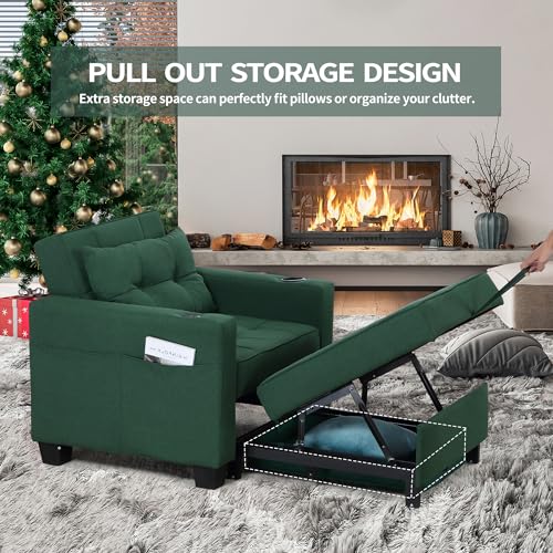 DURASPACE Futon Sofa Bed, 3 in 1 Convertible Sofa Chair Bed, Adjustable Backrest Chair, Chaise Lounge with USB Ports, Cup Holder, Side Pocket, Storage Box (Green) DURASPACE