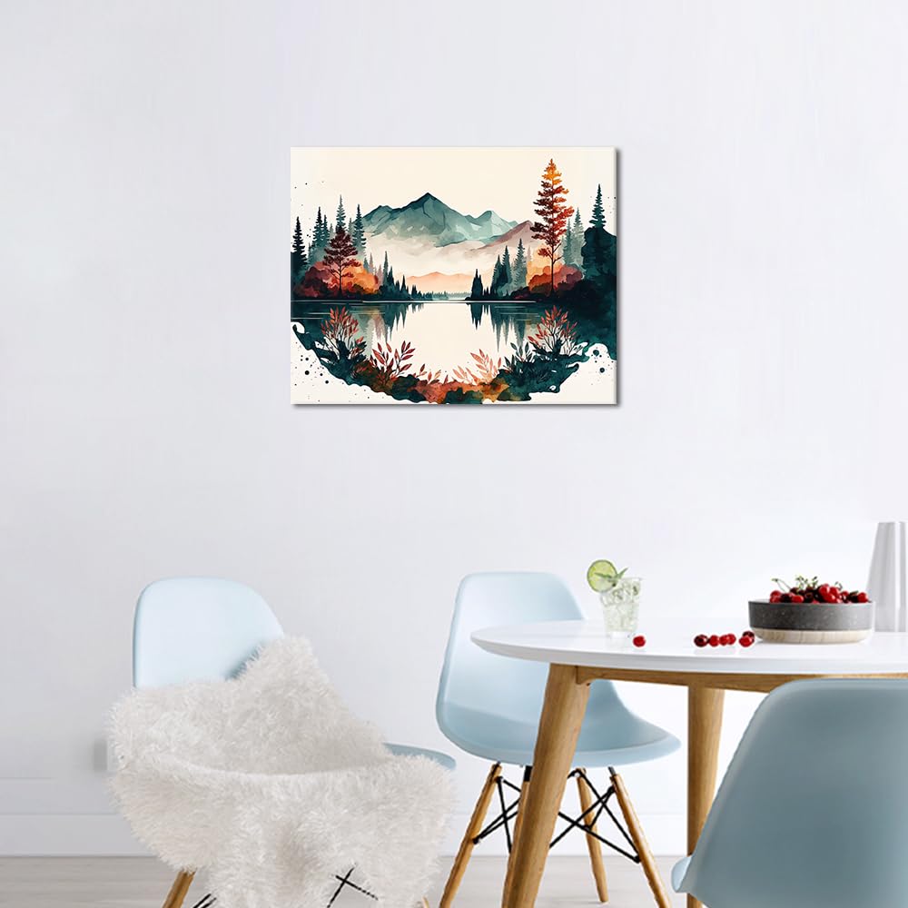 TUMOVO Landscape Paint by Numbers for Adults, Mountains, Forests and a Lake are Shown in a Watercolor Scene Paint by Number Kits for Beginner, Autumnal Landscape Art, 16x20 Inch TUMOVO