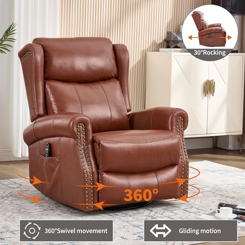 PELUMY Genuine Leather Swivel Rocking Recliner Chair for Adults, 360° Swivel Glider Rocker with Heat & Vibrating Massage, Lounge Chair for Living Room, Bedroom, Nursery (Tangerine-Red Brown)