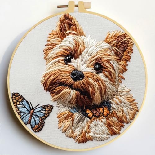 Punch Needle Kits Yorkshire Terrier Dog and Butterfly Embroidery Starter Set with Hoop Easy for Beginners DIY Stress Relief Handmade Craft Hobby and Home Decor 20x20cm-2
