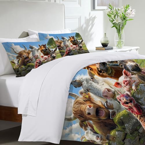 Funny Animals Bedding Set 3 Pieces Soft Lightweight Microfiber Farmhouse Cow Donkey Pig Bedspread Coverlet Set Fun Horse Duvet Cover Twin Full Queen King for Comforter Bed Set for Girls Boys Women Men exroozy