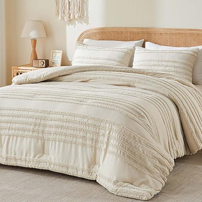BEDELITE Boho King Size Comforter Set - Beige Tufted Striped Bed Set 3 Pieces, Soft Vintage Farmhouse Comforter for All Seasons, Boho Home Decor,Fluffy Jacquard Bedding with Pillow Sham