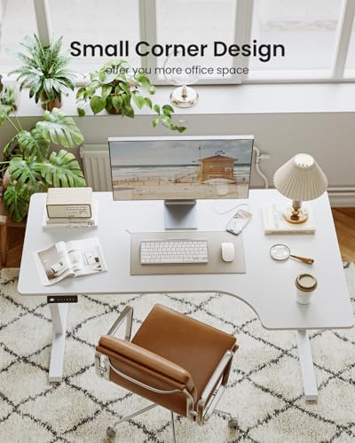 FEZIBO L Shaped Electric Corner Standing Desk, 55×32 inch Home Office & Computer Height Adjustable Table with 4 Memory Height Settings, Ergonomic Sit and Stand Desk with Splice Board, White Top FEZIBO