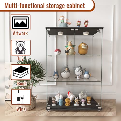 WHLIHUSU Glass Display Cabinet with LED Lights - Curio Cabinet with Glass Doors for Collectibles, Quick Assembly, Tempered Bookshelf, for Living Room and Bedrooms, 2-Door 3-Shelfs, White WHLIHUSU