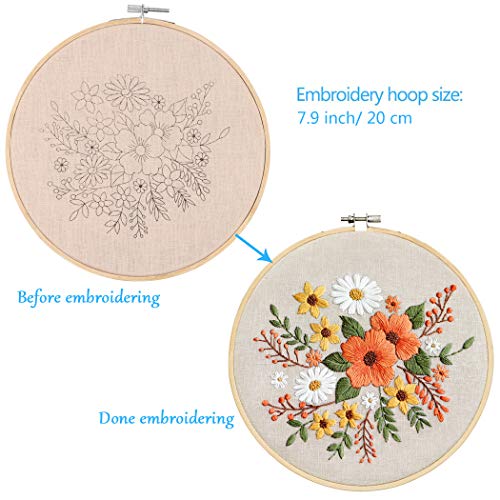 KISSBUTY Embroidery Starter Kit with Pattern, Bamboo Hoop, Color Threads, Flaxen Fabric (Floral Design, Kid, Art Craft Kit)