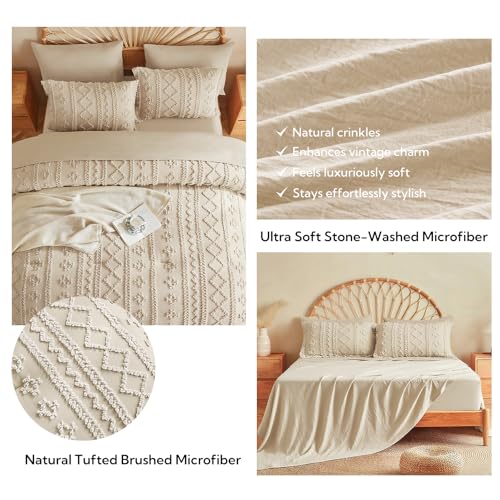 MR&HM Full Size Bed Sheets and Comforter Set Beige, 7 Pieces Tufted Boho Beddding Sets, Farmhouse Style Bed in a Bag with 1 Comforter, 2 Pillow Shams, 2 Pillowcases, 1 Flat Sheet, 1 Fitted Sheet MR&HM