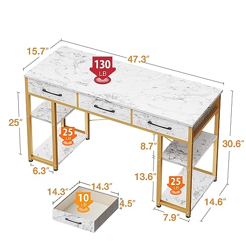 ODK Vanity Desk with Fabric Drawers & Storage Shelves, Makeup Dressing Table, Home Office Desks for Bedroom, Modern Writing Desk,White Marble and Gold Leg, 48"x16" (No Mirror) ODK