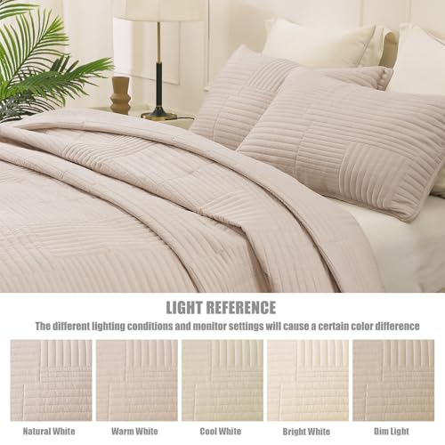 Whale Flotilla Ultra Soft King Quilt Bedding Set, Lightweight Microfiber Brich Beige Quilts Bedspreads Oversized, 3 Piece Ultrasonic Geometric Coverlet Bed Cover for All Seasons Whale Flotilla