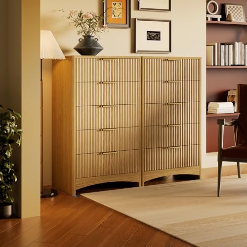 Marsail Fluted 5-Drawer Tall Wooden Dresser, Smooth Gliding Drawers & Large Capacity Storage Space, Modern Organizer Cabinet for Bedroom or Hallway, Natural Oak Marsail