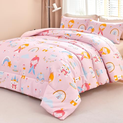 WINLIFE Pink Princess Comforter Set Queen Size for Girls 3 Pieces Soft Microfiber Cute Floral Fairytale Castle Pink and Blue Bedding Sets WINLIFE