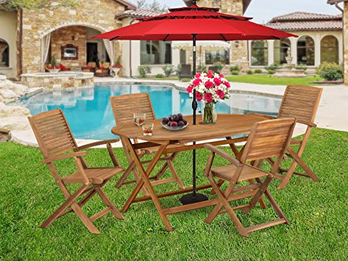 East West Furniture Diboll 5 Piece Outdoor Patio Dining Sets Consist of an Oval Acacia Wood Table and 4 Folding Arm Chairs, 36x60 Inch, Natural Oil East West Furniture
