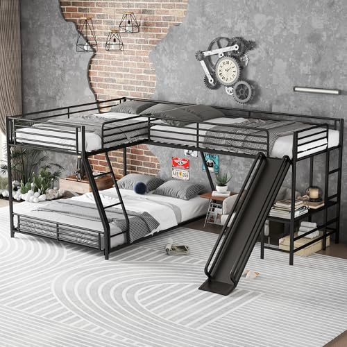 Bellemave Twin Over Full Bunk Bed Frame with Twin Size Loft Beds, Heavy Duty Triple Bunk Bed with Slide, Build in Ladder and Guardrail, L-Shaped Bunk Beds with Desk, Black Bellemave