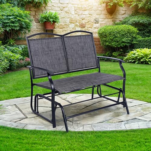 Backyard Expressions 2-Person Outdoor Glider Bench, Patio Double Swing Rocking Chair Loveseat w/Powder Coated Steel Frame for Backyard Garden Porch, Black Frame - Heathered Grey Sling Fabric BACKYARD EXPRESSIONS PATIO · HOME · GARDEN