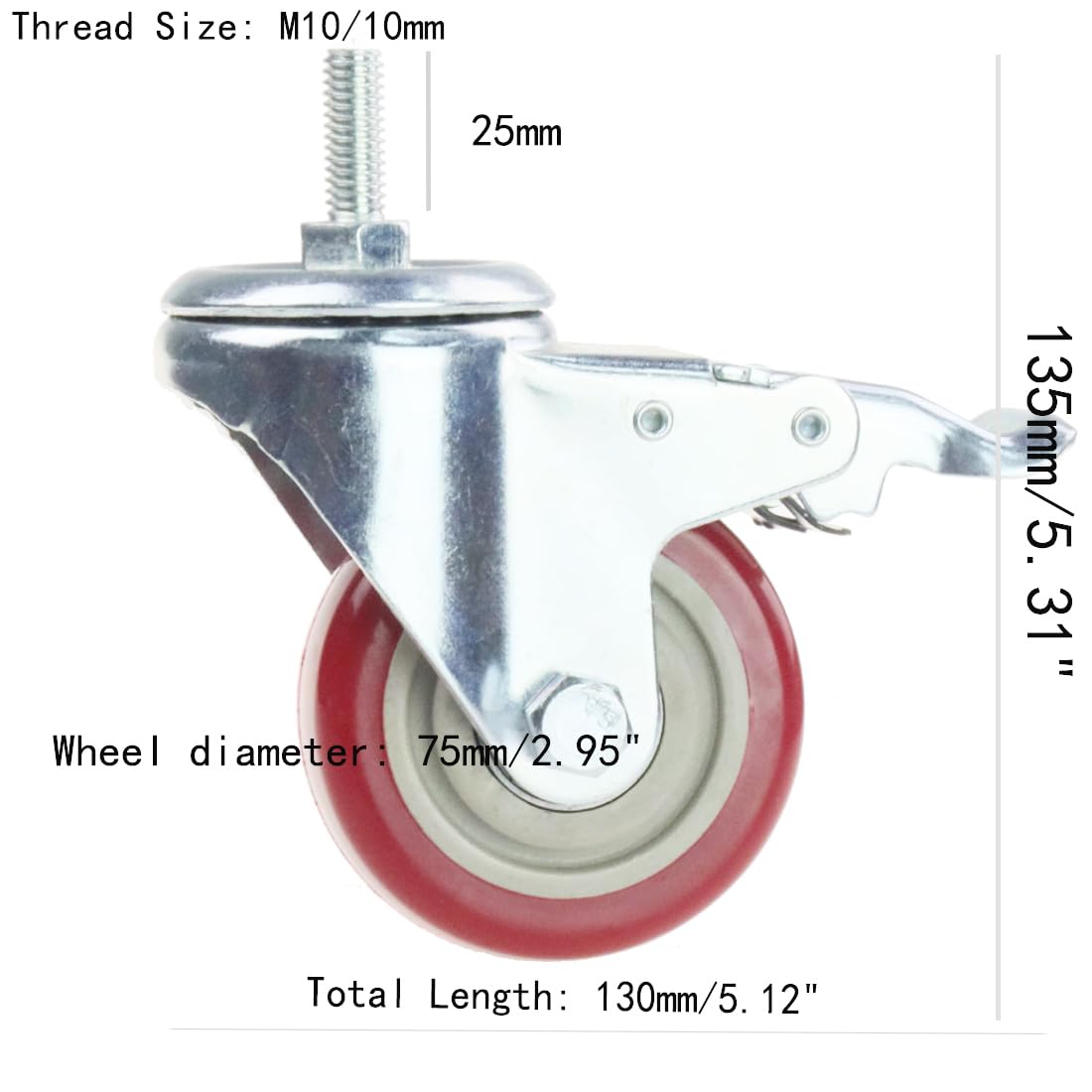 Swivel Stem Casters, Heavy Duty Double-Locking Castors with Red PU Wheels Quiet and No Marking with Metric Thread Rods M10-1.5x25mm 800-1000lb Load Capacity Pack of 4 (3 Inch) N\A