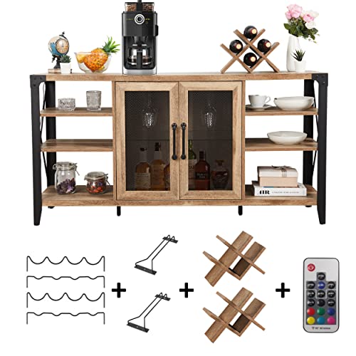 Vabches Rustic Oak Wine Bar Cabinet with LED Lights and Removable Racks for Home Living Room and Dining Room Vabches