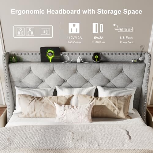 Feonase Full Size Bed Frame with Luxury Wingback and Fast Charging Station,Full Upholstered Button Tufted Storage Headboard Platform Bed,Sturdy Wooden Slats Support,Easy Assembly,Noise-Free,Light Gray Feonase
