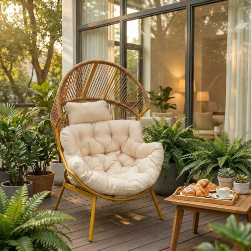 ONBRILL Egg Chair for Outdoor & Indoor, Patio Wicker Chair with Thick Cushion, Oversized Rattan Chairs for Balcony, Porch & Backyard, 450 LBS Heavy Duty & Comfy Basket Chairs for Living Room, Bedroom ONBRILL