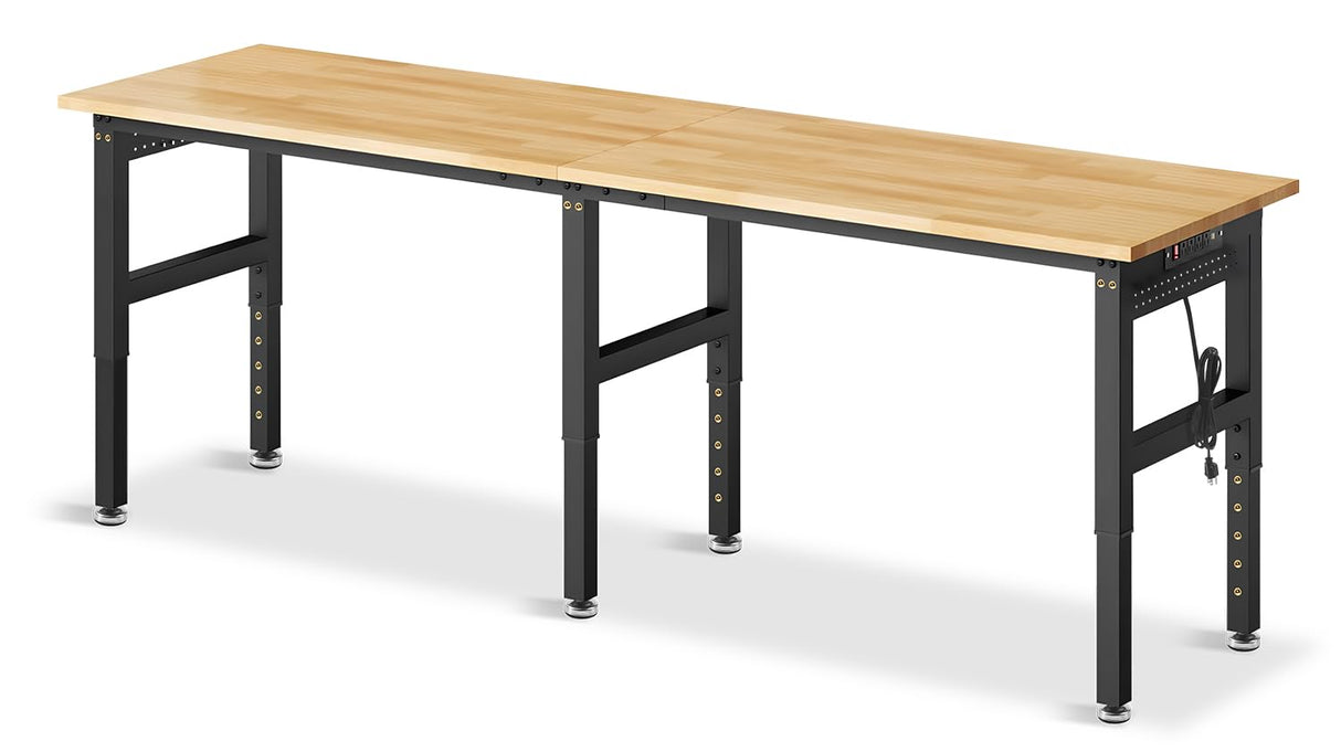 MUWOOD 96”Adjustable Work Bench, 5000 LBS Capacity Heavy Duty Workbench with Power Outlet & Pegboard, Rubber Wood Work Table for Garage, Workshop, Office, Home MUWOOD
