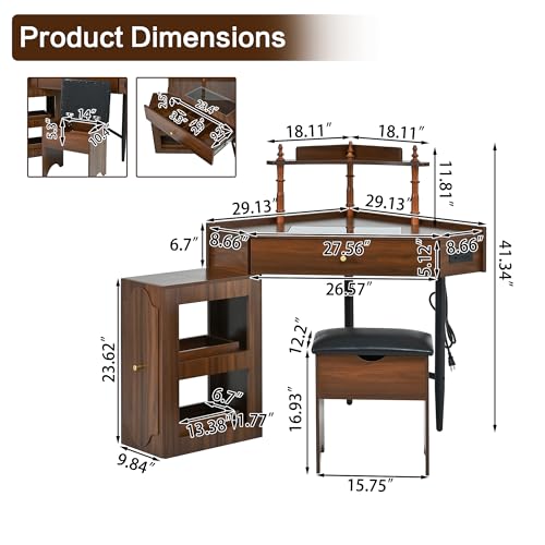 Corner Vanity Desk Set with Storage Stool, Charging Station, Removable Cabinet, Glass Tabletop & Jewelry Organizer, Triangle Makeup Desk for Bedroom (Walnut, 29") Generic