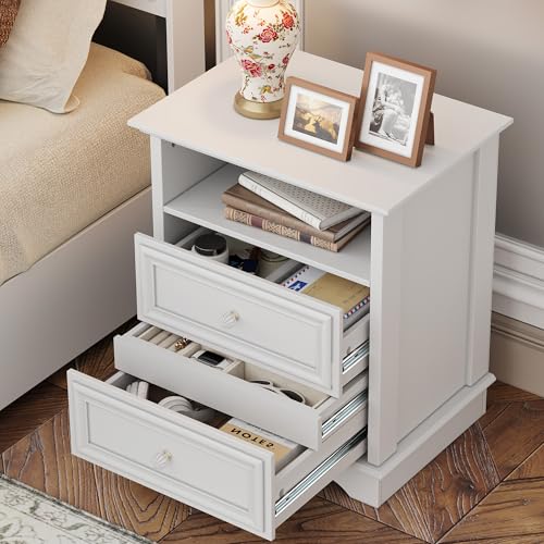 XIAO WEI White Nightstand with Hidden Drawer, 2-Drawer Nightstand with Open Shelf – Sturdy Wood Bedroom End Table with Storage, Modern Furniture for Bedroom Organization XIAO WEI