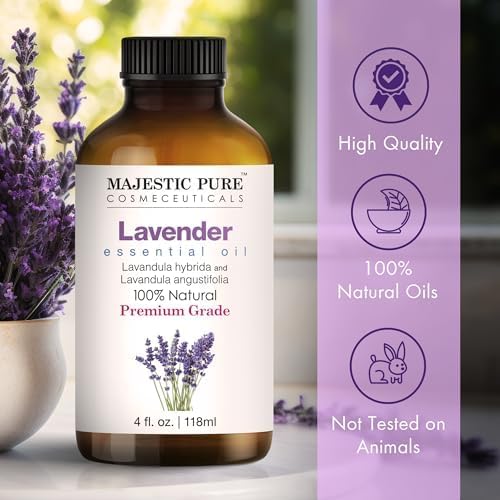 Majestic Pure Lavender Essential Oil with Glass Dropper | 100% Pure and Natural Lavender Oil | Premium Grade Essential Oils for Diffusers, Skin, Aromatherapy, Massage | 4 Fl Oz Majestic Pure