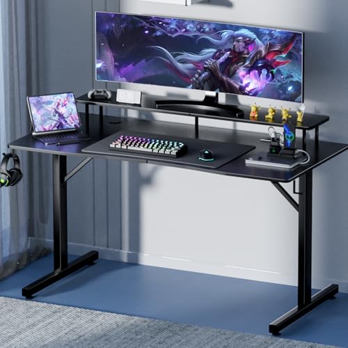 GTPLAYER 55 Inch Gaming Desk with LED Lights & Power Outlet, Computer Gamer Desk with Monitor Stand, Ergonomic Carbon Fiber Gaming Table Home Office Desk with Headphone Hook & Mouse Pad GTPLAYER