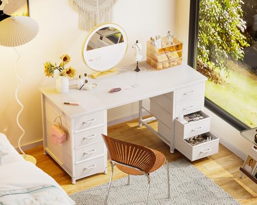 ODK 48 Inch Vanity Desk with 8 Fabric Drawers, Modern Makeup Desk for Bedroom & Dressing Room with Large Storage, Ideal for Home Office, Study, Pure White ODK