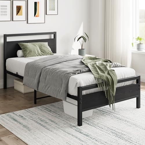 HOJINLINERO Black Twin Bed Frame with Wood Headboard,Metal Single Platform Bed Frame Twin Size No Box Spring Needed,Heavy Duty Metal Slats Support,Mattress Base,Noise Free,Easy Assembly,Black HOJINLINERO