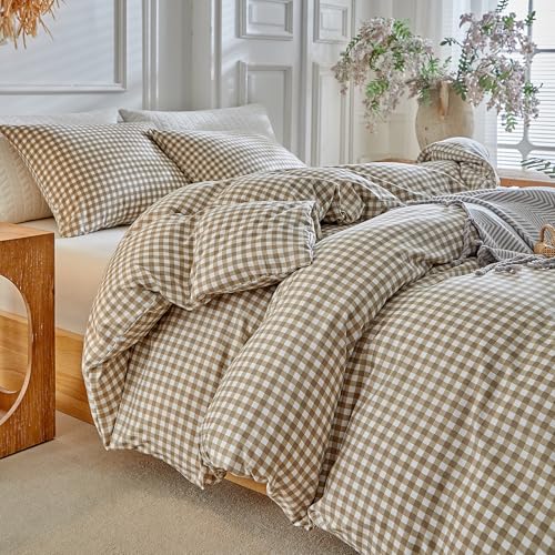 DuShow Grid Queen Duvet Cover Set - Tan Gingham Washed Microfiber Comforter Cover Set, 3 Pieces Plaid Checkered Soft Reversible Bedding Set(Tan,Queen) DuShow