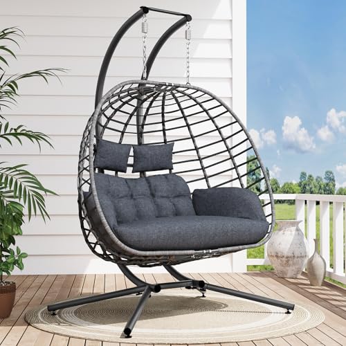 SWITTE Double Egg Swing Chair with Stand, Outdoor Patio 2 Person Hanging Wicker Hammock Chairs with Cushion for Indoor Bedroom, Lawn, Garden-Dark Grey SWITTE