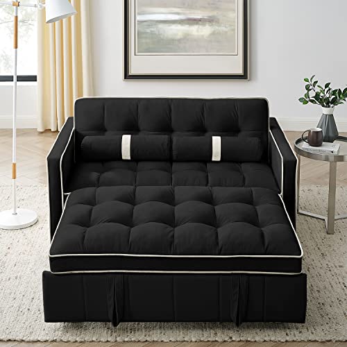 3 in 1 Sleeper Sofa Couch Bed, Small Tufted Velvet Convertible Loveseat Futon Sofa w/Pullout Bed, Adjustable Backrest, Cylinder Pillows for Living Room Apartment, Easy to Assemble, Black, 55.5" Antetek