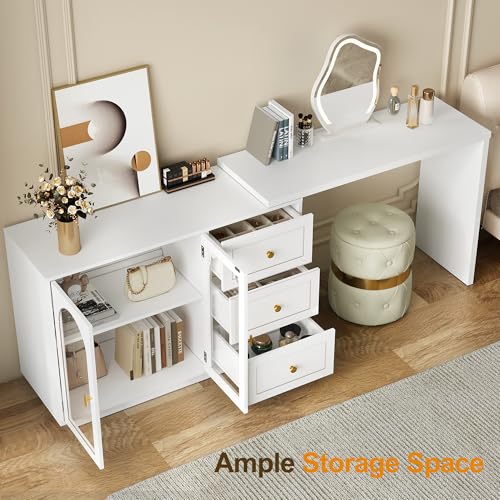 RoyalCraft 83” Large Makeup Vanity Desk, White Corner Vanity Table with 3 Drawer & 2 Door, Modern Extendable Dressing Table, Vanity Dresser Combo for Bedroom, Dressing Room (Without Mirror) RoyalCraft