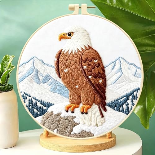 Zhenqing Eagle Embroidery Kit for Beginners, Pre-Printed 29x29cm Cotton Fabric with 20cm Hoop, Majestic Eagle on Snowy Mountain Design (C0211)