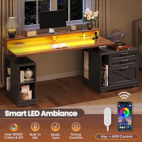 SEDETA Farmhouse Electric Standing Desk, 55" Height Adjustable Computer Desk with 3 Drawers, File Cabinet, Storage Shelves, Power Outlets, Wood Home Office Desk for Work, Study, Writing, Black SEDETA